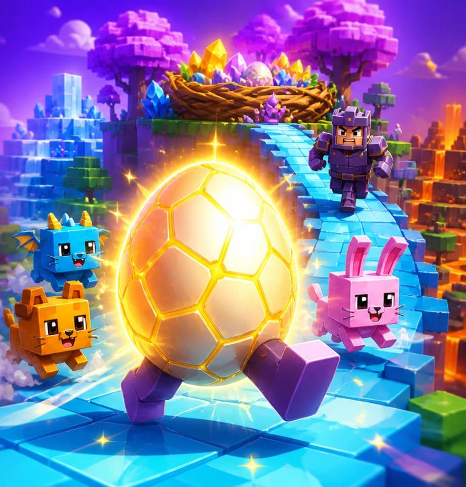 A glowing golden egg racing through colorful Steal An Egg biomes with blocky pets and a nest guard